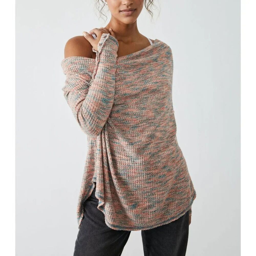 Free People Misty Top Waffle Knit Marled Retro Combo Cowl Neck Pullover